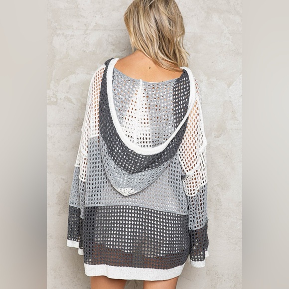 POL Charcoal and White See Through Netted Hooded Sweater or Cover Up, small - Picture 5 of 6